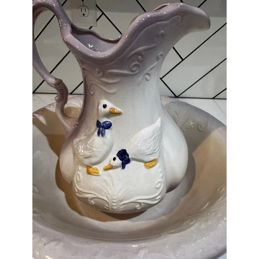 Ceramic goose pitcher & basin embossed geese floral scrollwork purple ombre rim